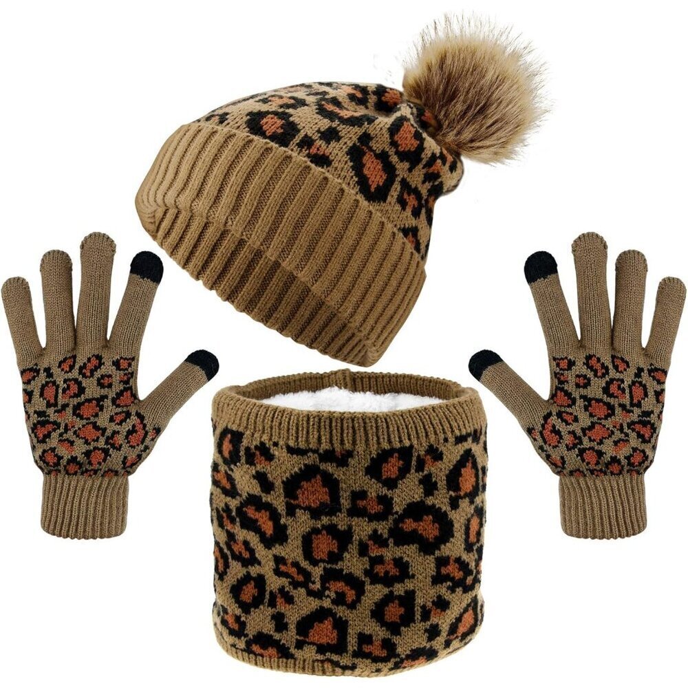 Leopard Print Winter Hat Gloves Scarf Set Womens Teen Warm Plush Acrylic